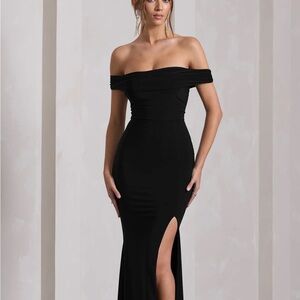 Club L London Black Off-Shoulder Slit Gown